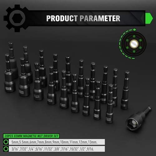 Image of Magnetic Nut Driver Set, 20-Piece Metric & SAE 1 /4 inch Hex Shank, Drill Socket Set, Impact Driver Bit Sets, Magnetic Bit Holder with Aluminum Alloy Snap Clip, 65mm Long Hex Bits, Quick Change Tool