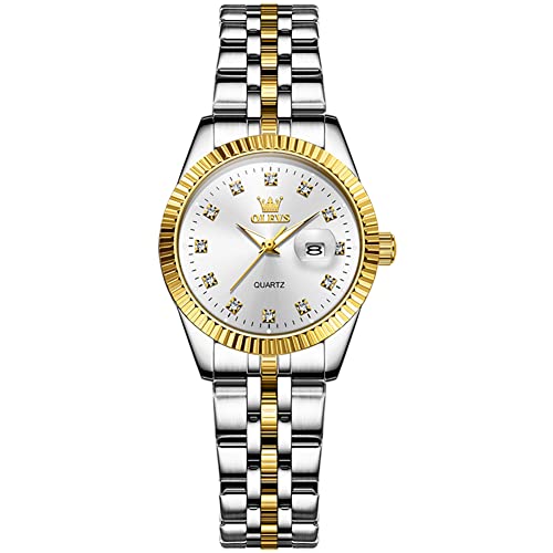 OLEVS Women's Diamond Watches White Small Face Analog Watch for Women Auto Date Elegant Slim Ladies Watch Two Tone Stainless Steel Band Watere Luxury Round Women Wrist Watches Fluted Bezel