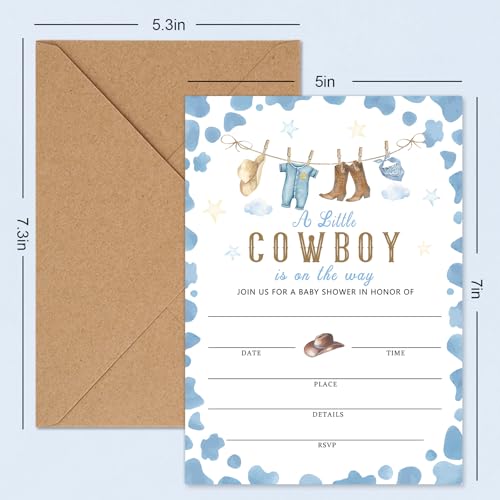 Invitaciones de vaquero para baby shower azul de 5x7 con sobres y pegatinas pack de 25 2