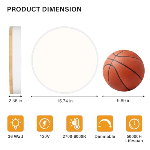 Image of Dimmable LED Wood White Round Flush Mount Ceiling Light 15.74 Inch