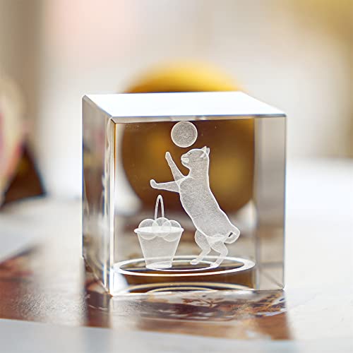 Hdcrystalgifts 3D Laser Etched Crystal Cat Paperweight Ornament Art,2Inch Animal Crystal Glass Cube Engraving Statue Cat Playing Ball Sculpture Home Decor Gift #TOP1