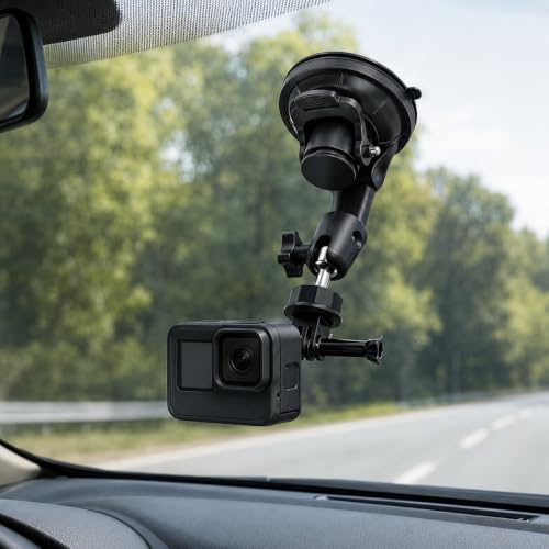 Image of Car Suction Cup Mount with 360 Adjustable Folding Arm | Action Camera Adapter & Smartphone Holder for Windshield, Dashboard, Glass and Smooth Surfaces