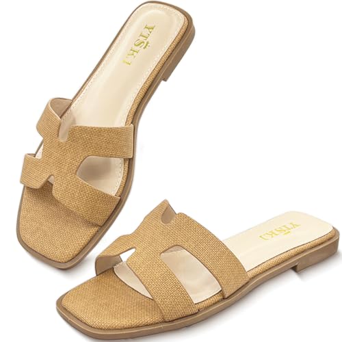 Image of Sandals for Women Dressy Comfortable Flat Open Toe Casual Cute Trendy Shoes Soft Faux Leather Slip On Ladies Slides for Summer
