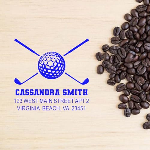 Image of Self Inking Rubber Stamp Golf Crossed Clubs - Self Inking Address Stamp | Golf Address Stamp. Custom Made Self Ink Stamp. Choice of 11 ink colors. Engraved after you order. 1-5 /8 inch square imprint.