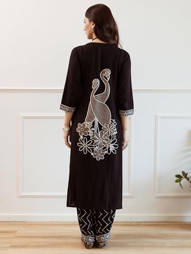 Image of INDO ERA Women's Viscose Rayon Embroidered Straight Kurta With Pant Set (IEOUT6942)