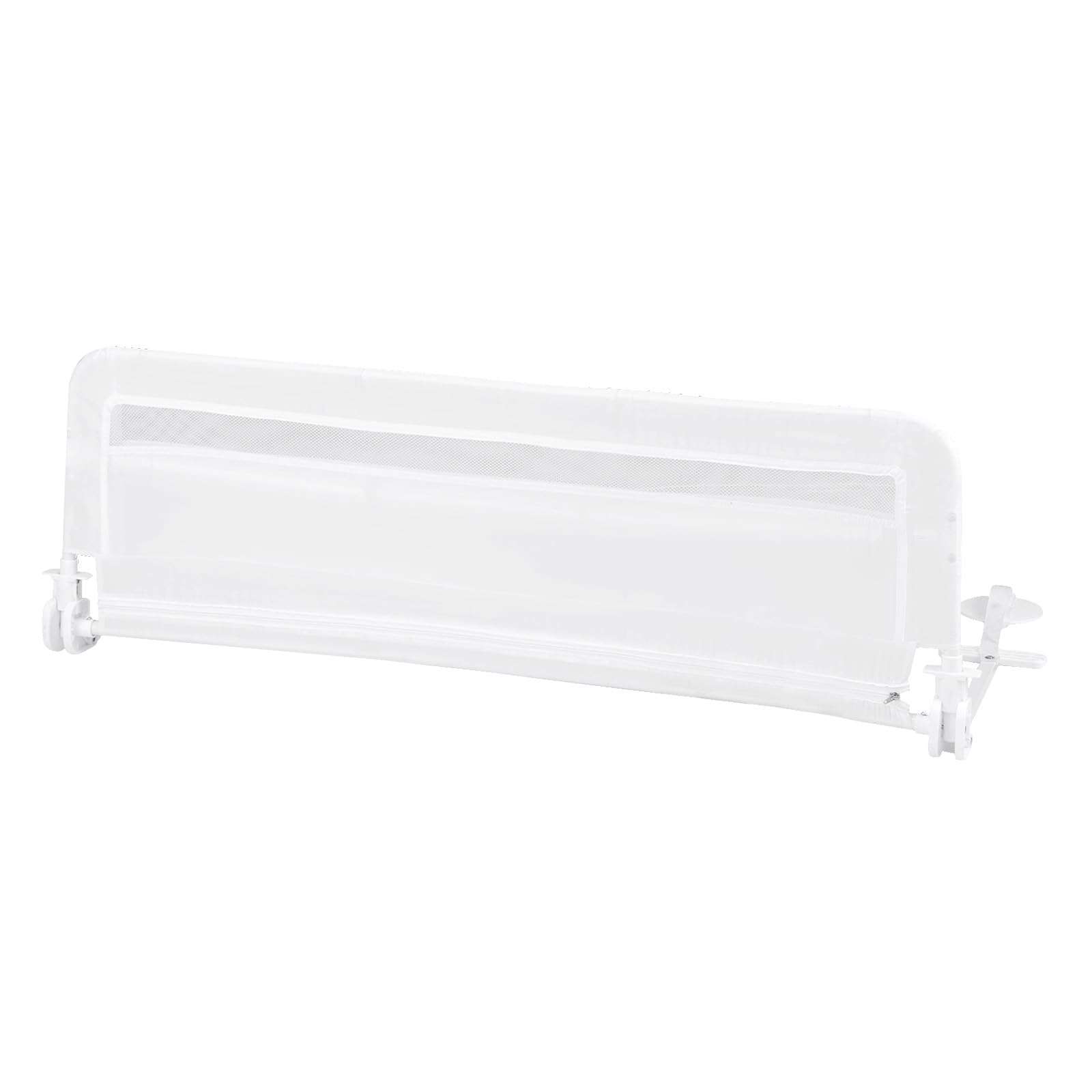 GOPLUS Barrera de Cama para Niños Pequeños 120 CM, Barandilla de Cama para Bebés Abatible con Estructura de Metal, Funda Desmontable y Lavable y Correa de Seguridad, para Cama (Blanco)