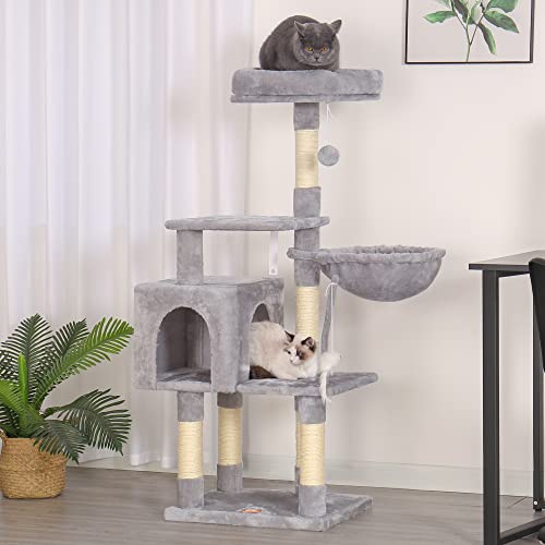 Image of Heybly Cat Tree with Toy, 43.3 inch Cat Tower for Indoor Cats HCT004W | Cat Condo with Durable Sisal Scratching Posts, Cat House with Padded Plush Perch, Cozy Hammock, Light Gray