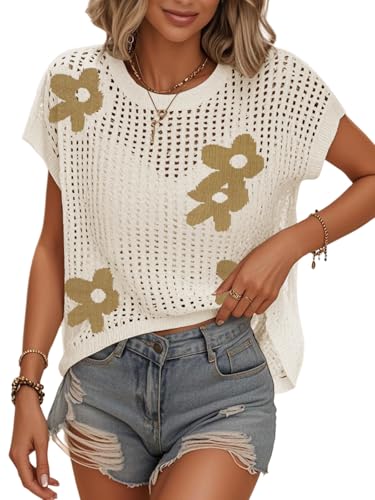 Image of Womens Summer Crochet Tops Hollow Out Cap Sleeve Cover Up Tank Top Pullover Sweater Vest Beach Vacation Clothes