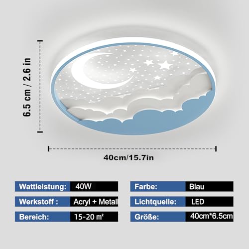 AHXIAOZN LED Kinder Deckenlampe, Stern Mond Deckenleuchte Mit Fernbedienung, Stufenloses Dimmbar Kinderzimmer Deckenleuchten, Schlafzimmer Decke Kindergarten Beleuchtung(D40cm, Blau)