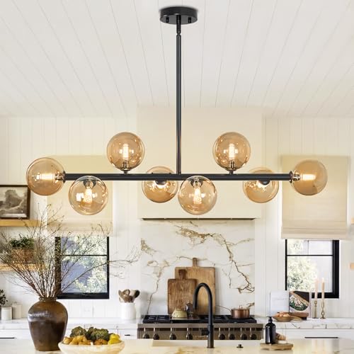 Linear Chandeliers for Dining Room, 8-Light Black Sputnik Chandeliers Modern Chandelier Linear Dining Room Light Fixture Mid Century Ameber Glass Globe Chandelier for Kitchen Island Living Room 37inch