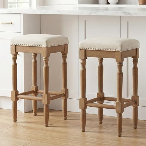 Butacos Altura Barra Set de 2 Butacos sin Espaldar de Madera con Detalle de Tachuelas, Altura 26", para Isla de Cocina/Patio/Balcón, Asiento en Tela Beige y Patas en Color Natural miniatura 1