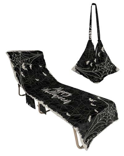 Happy Halloween Beach Lounge Chair Towel Cover, Soft Chaise Lounge Towel with Side Pockets Patio Pool Chairs Cover for Beach/Pool Sunbathing 29x85 Vintage Black Grey Web Horror Bat