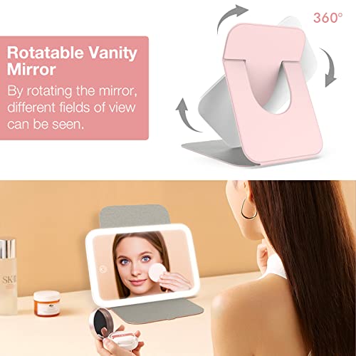 Kintion Travel Makeup Mirror, Portable Led Lighted Makeup Mirror, 360° Rotation Touch Screen Vanity Mirror, 3-Color Dimmable Lighting, Rechargeable Tabletop Folding Cosmetic Mirror With 60 Led Lights #TOP4