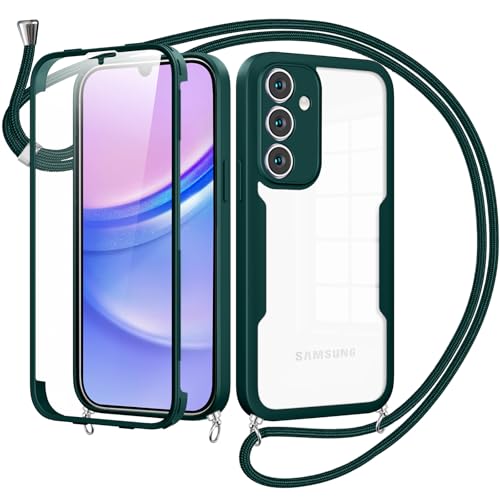 Cover per Samsung Galaxy A15 con Cordino360 Gradi Antiurto Trasparente Custodiacon con Protezione Schermo Integrata Bumper Rugged Custodia con Regolabile Tracolla per A15