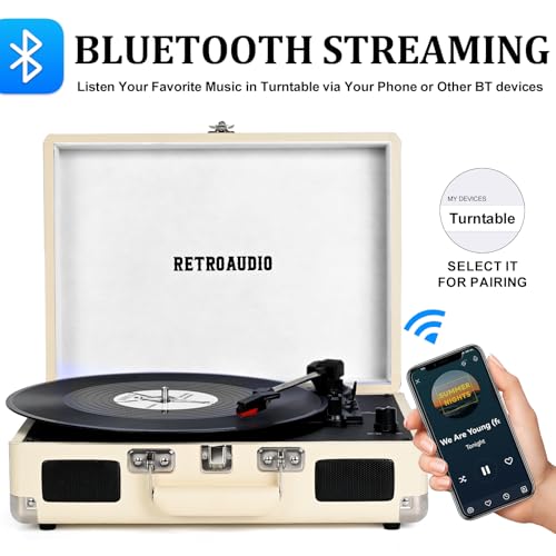 Vinyl Record Player with Built-in Speakers 3-Speed Vintage Record Player Bluetooth Portable Suitcase Turntable Belt-Driven LP Player Support RCA Output and Headphone Output (Creamy White) by RetroAudio - Image 2