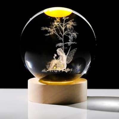 Arikyrist 3D Fairy with Tree Crystal Ball Lamp Figurine with Wooden Base, Laser Engraved Crystal Fairy Figurines Home Decor, Fairy Crystal Ball Night Light Gifts Glass Sphere Paperweight