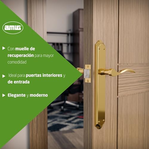 Miniatura 3 de Amig Juego De Manillas Con Placa Para Puerta 256 X 48 Mm - Placa De Acero Y Tirador De Aluminio Cuadradillo De 8 Mm Latonado Mate - Mod. Beta - Incluye Tornillos Pasantes Antirrobo