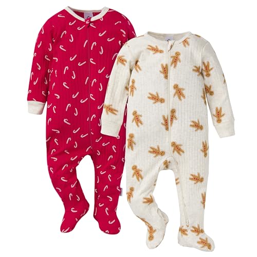 Gerber Baby Unisex 2-Pack 2-Way Zip Textured Sleep 'N Play, Gingerbread Man, 0-3 Months