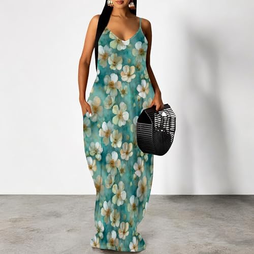 Image of Women's Summer Maxi Dress Spaghetti Strap Floral Boho Beach Long Sundress with Pockets