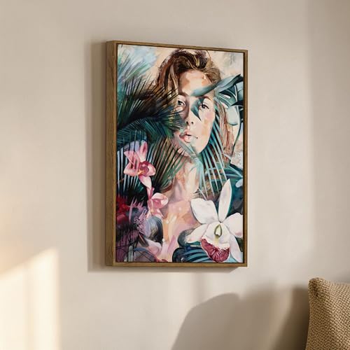 Image of Tropical Botanical Woman Portrait Framed Canvas Painting For Living Room | Modern Floral Abstract Female Wall Art For Livingroom Wall Decor, Home Decor, Bedroom, Hallway's, Office, Hotel - 43x58 cm