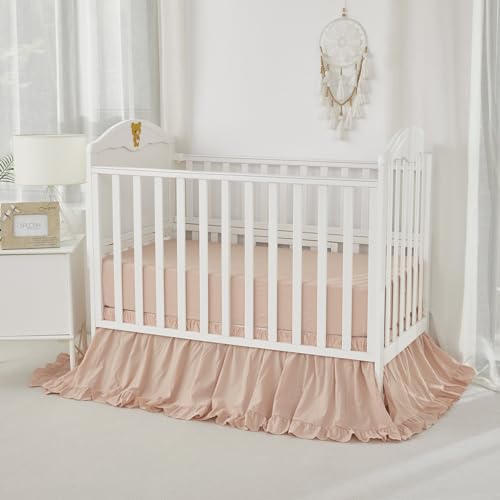 Image of Brandream Boho Bohemian Girl Baby Nursery Crib Bed Skirt Dust Ruffle - Neutral Solid Color Blush Farmhouse Chic 100% Washed Cotton Ruffle