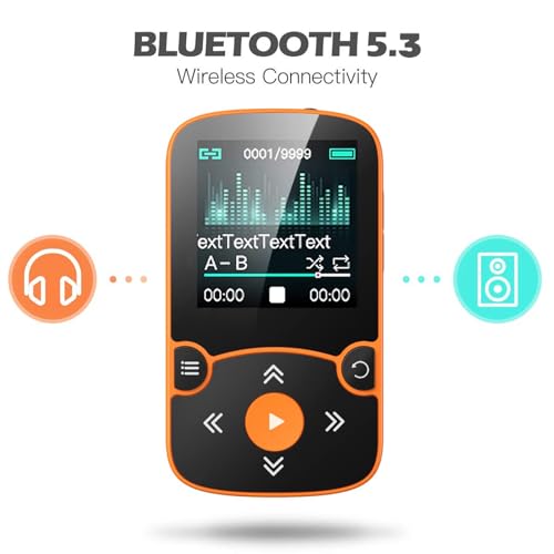 Image of AGPTEK 64GB MP3 Player with Clip, A65 Bluetooth 5.3 Music Player for Sports | with FM Radio, Voice Recorder for Running, Supports up to 128GB TF Card, Orange