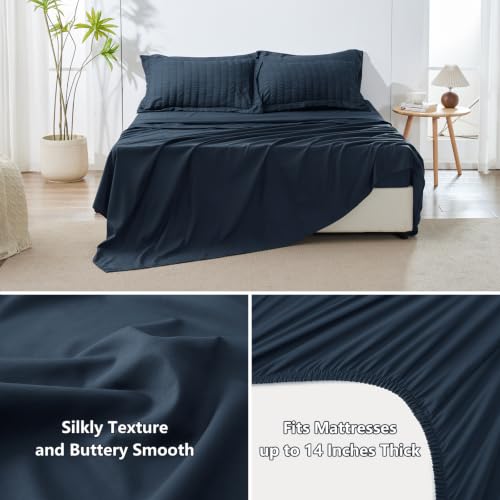 Image of HIMEET King Size Comforter Set - 7 Pieces Seersucker Bed in a Bag, Boho Bedding Sets for Bedroom Decor, All Season Home Essential Bed Set with Comforter, Sheets, Pillowcases & Shams, Navy Blue