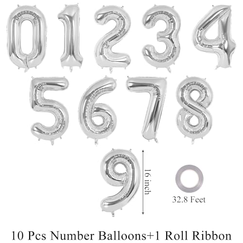 Image of 16 Inch Number 0-9 balloons, Silver Number Foil Balloons, Small Mylar Numbers Balloon Custom Digital Balloons for Birthday Aniversary Baby Shower Party Decorations Supplies