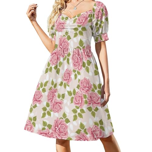 FULAOER Pink Vintage Rose Pattern Women's Summer Dresses Beachwear Vacation 2024 V Neck Casual Flowy Dress 3XL, Style-25-3