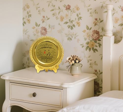 Assiette décorative en métal doré 20 cm avec support d'exposition pour cadeau anniversaire