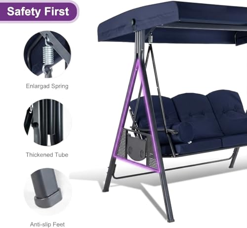 Image of PURPLE LEAF Outdoor Patio Porch Swing with Stand, 3-seat Swing Chair with Adjustable Tilt Canopy All-Weather Steel Frame for Backyard Front Porch Lawn, Cushions and Pillow Included, Navy Blue