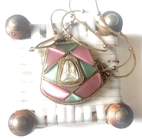 Image of Vintage Style Jewellery Set with Pink and Mint GeometricMonalisa stone Pendant Necklace and Matching Earrings, Gold plated brass Chain