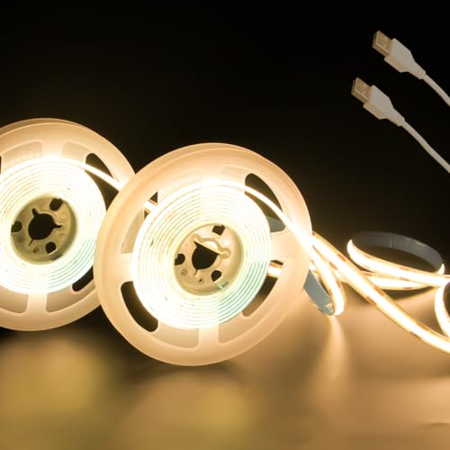 Image of Aclorol 5V COB LED Strip Light 6.56FT 640LEDs Warm White LED TV Backlight with 1M USB Cable Flexible Under Cabinet Tape Light for Living Room Wardrobe Desk area Shelves Mirror Home Decoration (2 PACK)