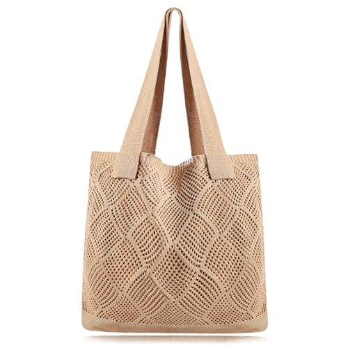 Image of COOKOOKY Lined Crochet Tote Beach Shoulder Bag Women Casual Work Shopping | Lined crochet tote with soft structure, perfect for beach, work, shopping. Roomy & lightweight for daily use.