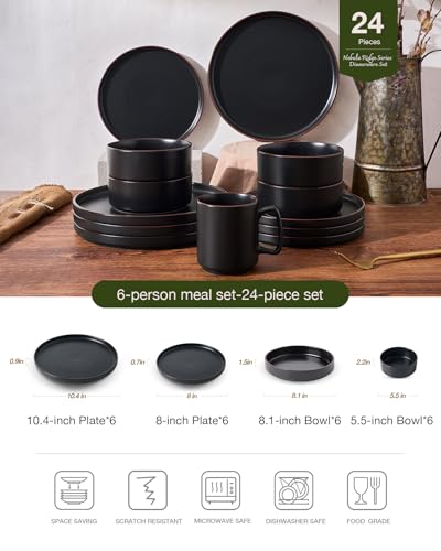 Image of Famiware Nebula Ridge Stoneware Dinnerware Sets with Pasta Bowls, Plates and Bowls Sets, Service for 6 (24 Pieces), Microwave and Dishwasher Safe Kitchen Plates, Matte Black