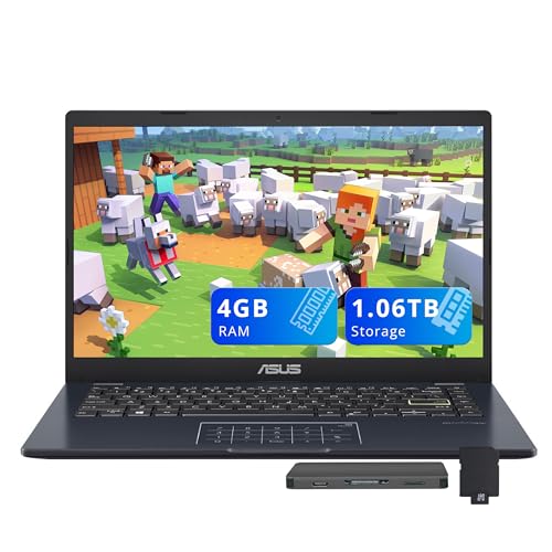 Image of ASUS 14 inch FHD Laptop, Intel Celeron N4500 Processor, 4GB RAM, 1.06TB Storage (64GB eMMC + 1TB Docking Station Set), Intel UHD Graphics, Number Pad, HD Webcam, Wi-Fi, Windows 11, Quiet Blue