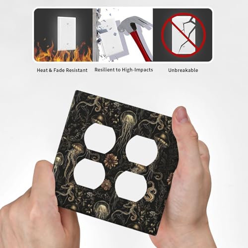 Decorative Outlet Covers Black Gold Jellyfish Squid Deep Sea Creatures 2 Gang Outlet Cover Wall Plate Double Duplex Light Switch Cover Plate Switch Plate Covers for Bedroom Decor