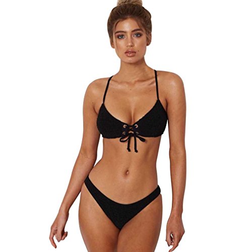 Bikinis Mujer Sexy Sujetador Push-up Acolchado Traje de baño Conjunto de Bikini Sexy con Tirantes sólidos para Mujer Bañador de baño Bikini brasileño Mujer Biquinis (Negro, L)