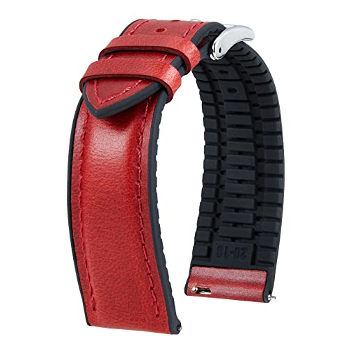 BINLUN Leather Watch Band 22mm Quick Release Premium Oil Wax Leather and Breathable Silicone Hybrid Watch Bands Replacement Strap for Men Women (Red,Silver Buckle)