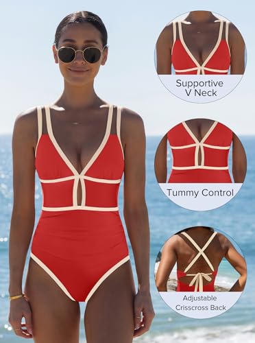 Image of popvil Women One Piece Swimsuit 2026 Tummy Control Sexy Cutout Neon Color Block Bathing Suit Slimming Adjustable Swimwear