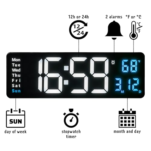 Image of Opis Clock 1 (XXL 16'' White & Blue): The Colorful Retro Rectangular Digital Wall Clock, Digital Clock Wall, Digital Clock with Temperature, Timer and Counter