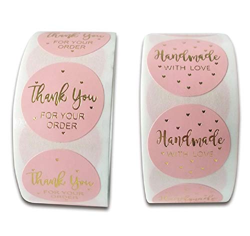 Allinlove 1000pcs 1 Inch Round Pink Strong Adhesive Stickers Paper, Thank You for Your Order Stickers Gold Foil Heart Thank You Labels, Handmade with Love Sticker, for Gifts Bags, Envelopes, 2 Rolls