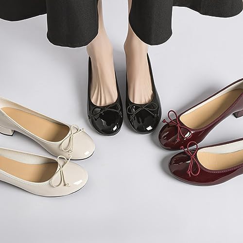 Image of Women's Classic Closed Round Toe Patent Leather Bow Block Heel Loafers - Retro Shallow Slip-On Low Heel Casual Office Dress Shoes
