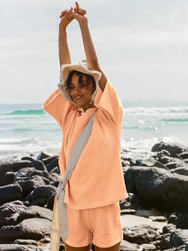 Image of Tankaneo Womens Short Sets 2 Piece Outfits 3 /4 Sleeve Tops and Elastic Waist Shorts Lounge Set Casual Loungewear