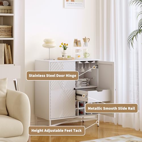 Fluted Wine Bar Cabinet with Storage, 31.5\" Liquor Cabinet with Wine Racks and Glass Holder, Modern Coffee Bar Cabinets Accent Sideboard Buffet Table for Kitchen Dining Room, Living Room, White