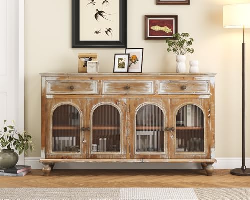 LKTART 59" Solid Wood Sideboard Buffet Storage Cabinet with Doors&Drawers | Real Wood Material;French Country/Farmhouse/Boho;Arched TV Console Cabinet;Office Credenza Storage Cabinet;Glass Doors