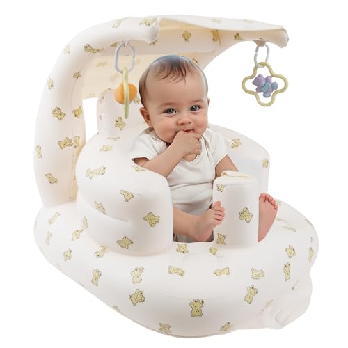Image of EKEPE Inflatable Baby Seat with Canopy and Sensory Ornament, Inflatable Baby Chair for Babies 3 Months & Up Sitting Up, Blow Up Infant Floor Seat with Built in Air Pump (Bear)
