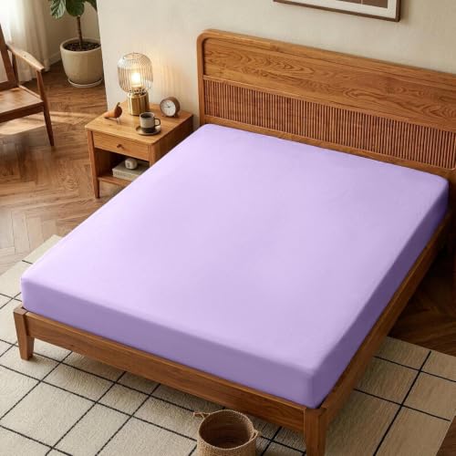 Image of Lirex Fitted Sheet, King Size 100% Cotton 300 Thread Count Soft Breathable Fitted Sheet, Light Purple