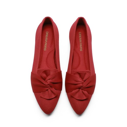 DREAM PAIRS Zapatos planos para mujer con puntera puntiaguda, plegables, de punto, cómodos, sin cordones, elegantes zapatos planos con lazo para el trabajo, oficina, negocios, viajes casuales, Rojo