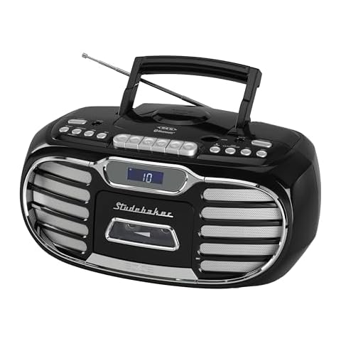 Studebaker Retro Edge Big Sound Bluetooth Boombox with CD/Cassette Player-Recorder/AM-FM Stereo Radio (Black/SB2150B) Cover